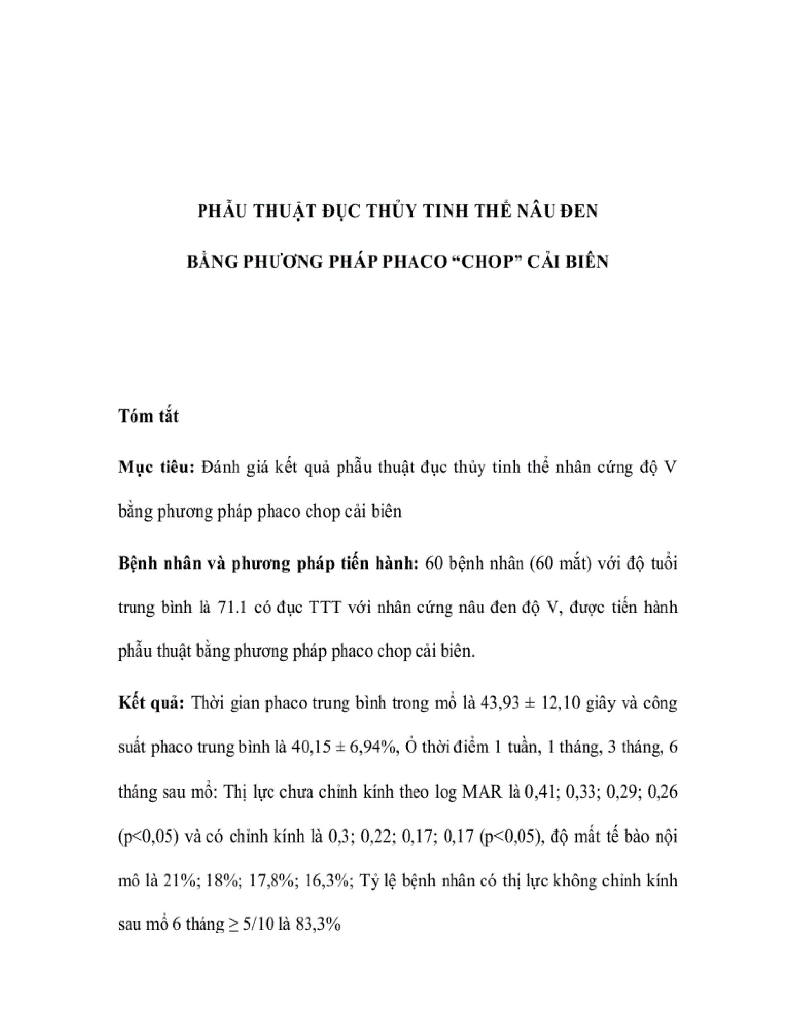 phẫu thuật đục thủy tinh thể nâu đen bằng phương pháp phaco chop cải biên