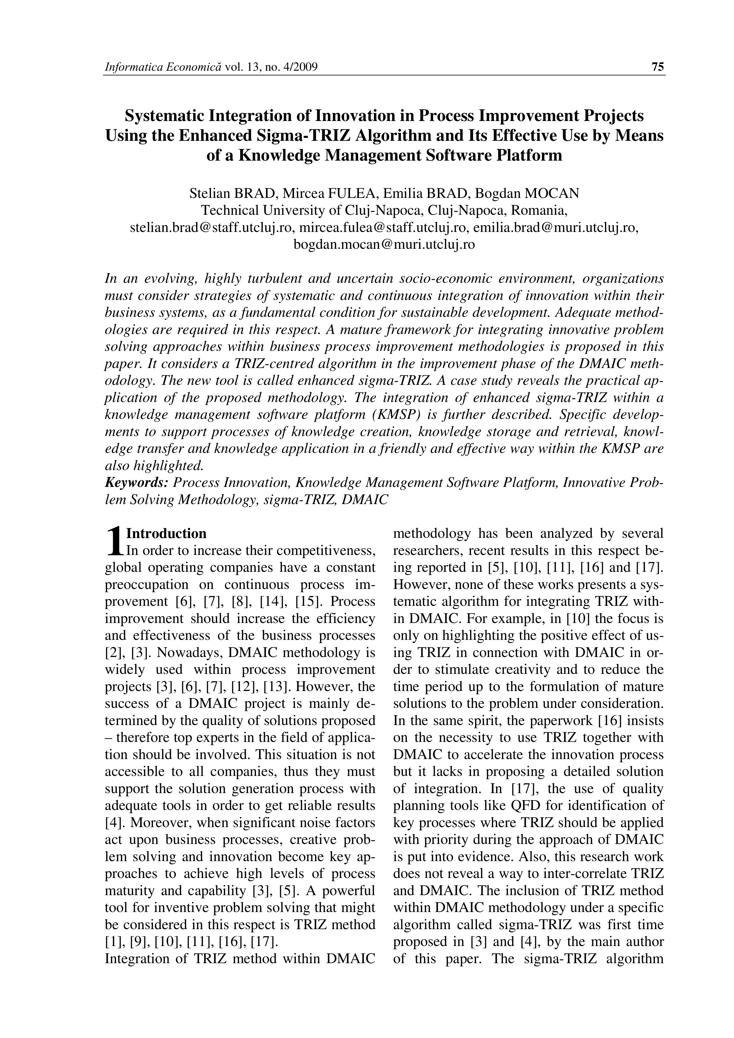Systematic Integration of Innovation in Process Improvement Projects Using Sigma-TRIZ Algorithm and