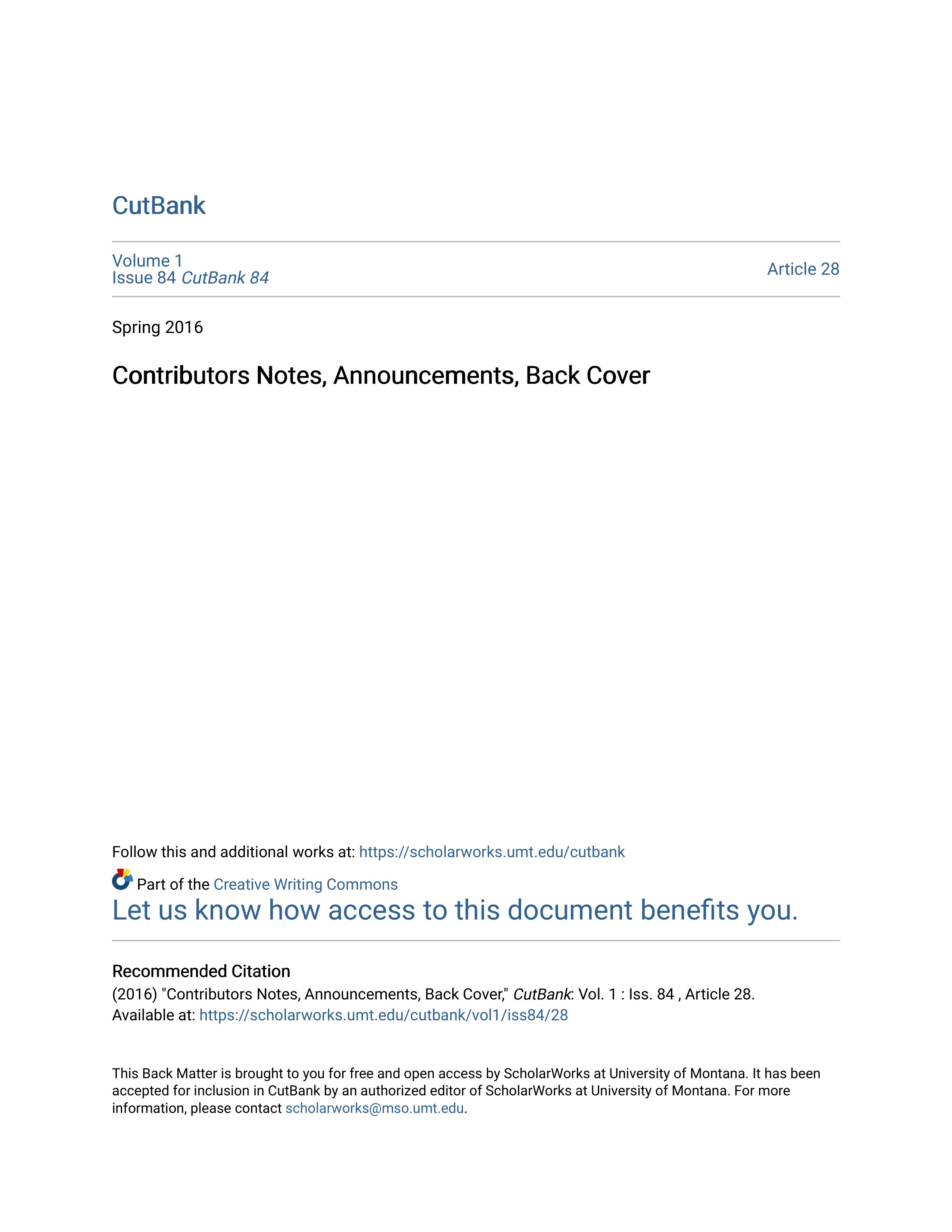 Contributors Notes Announcements Back Cover