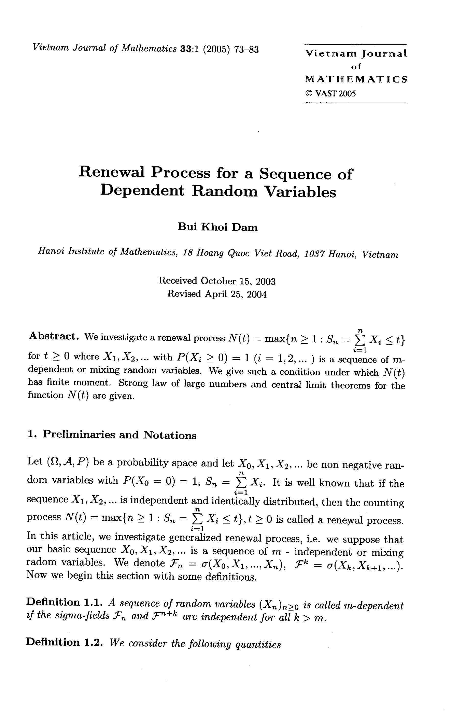 Renewal process for a sequence of dependent random variables