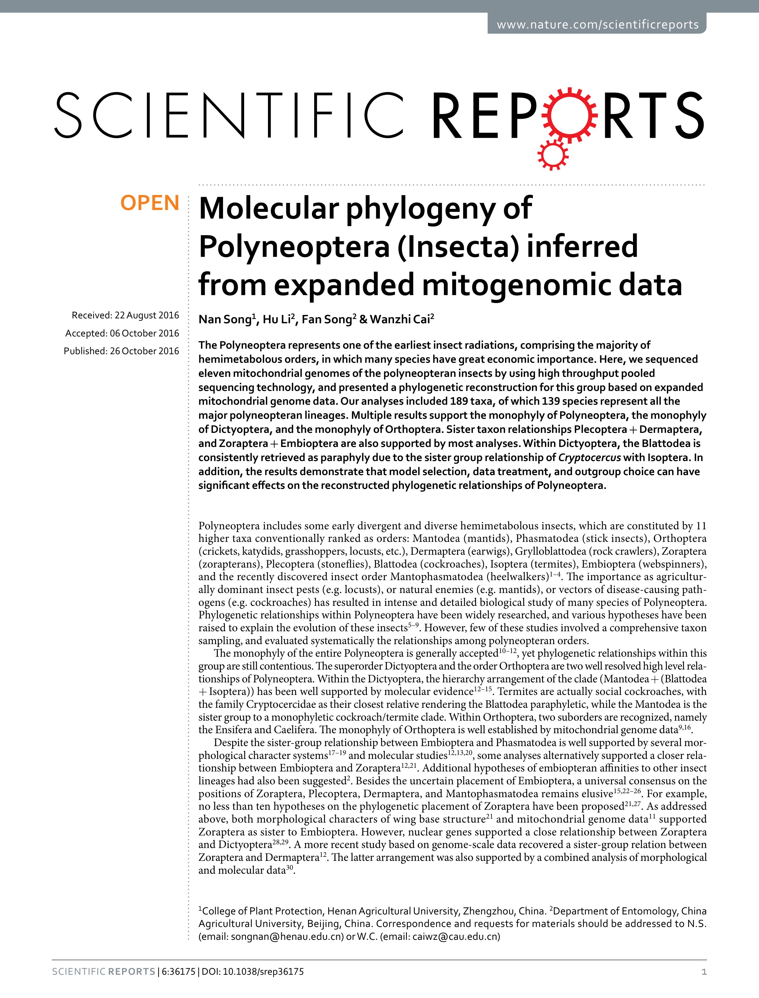 molecular phylogeny of polyneoptera insecta inferred from expanded mitogenomic data