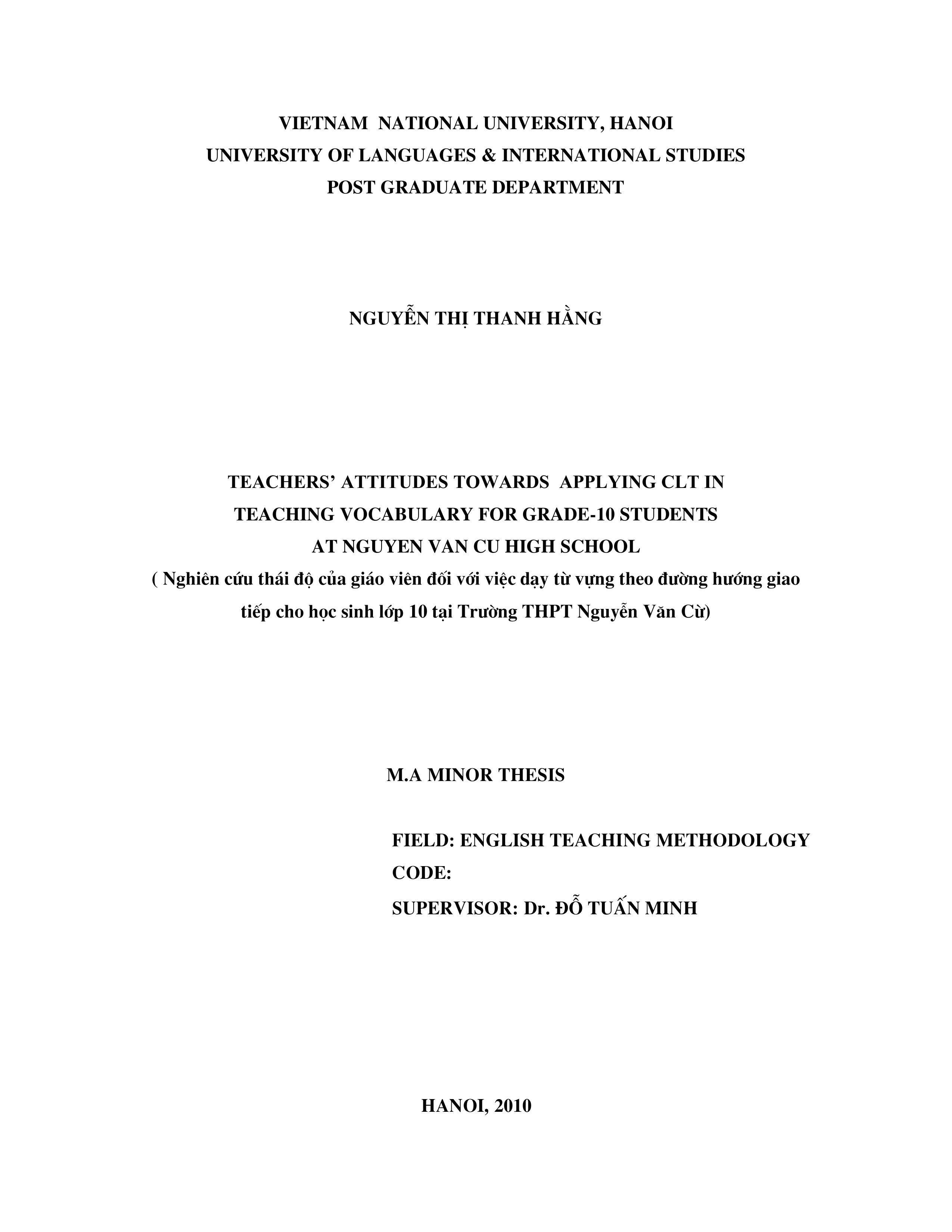 Luận văn thạc sĩ teachers attitudes towards applying clt in teaching vocabulary for grade 10