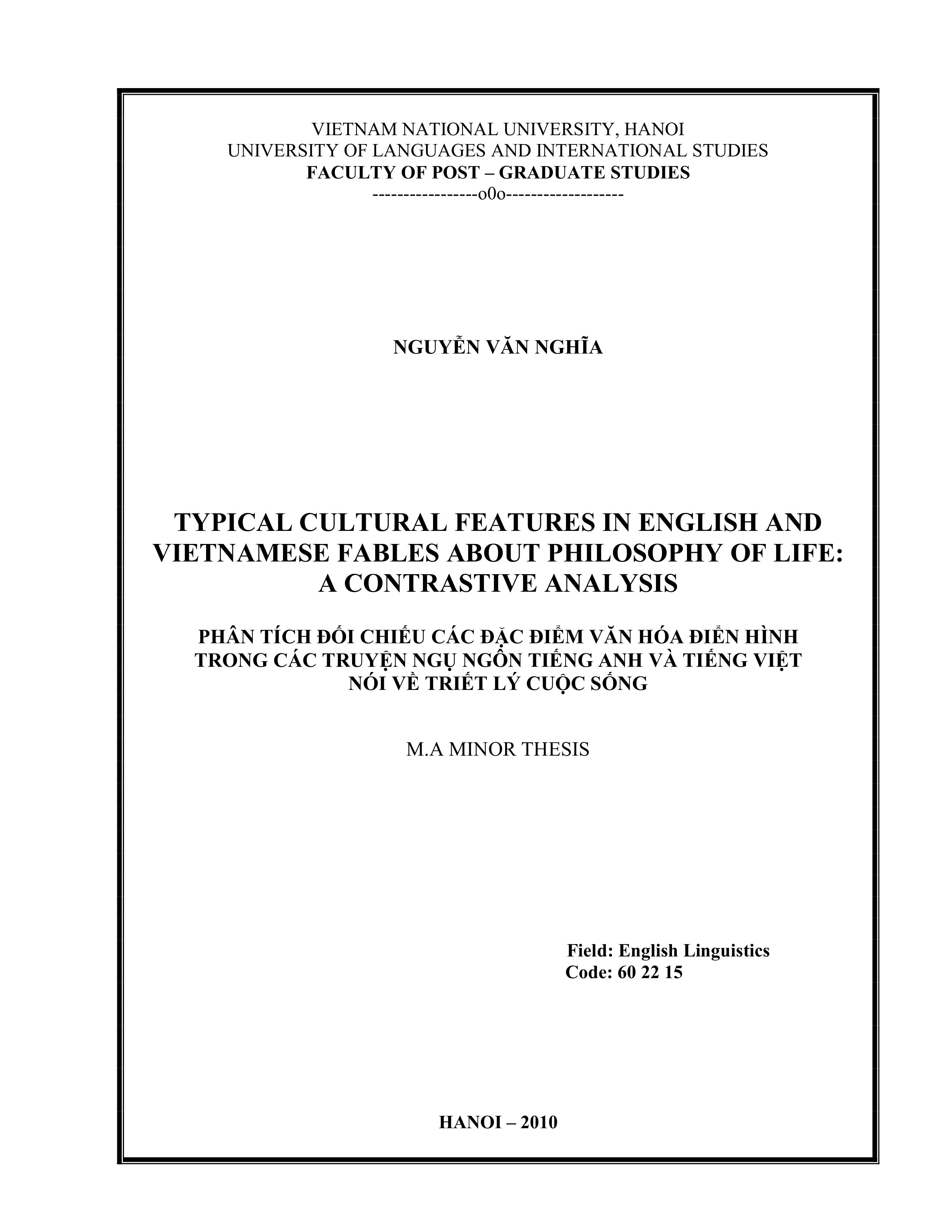 typical cultural features in english and vietnamese fables about philosophy of life a contrastive