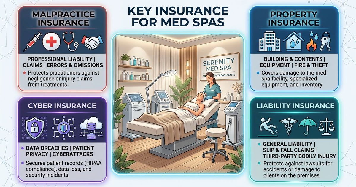 Types of med spa insurance policies including malpractice, general liability, and cyber coverage