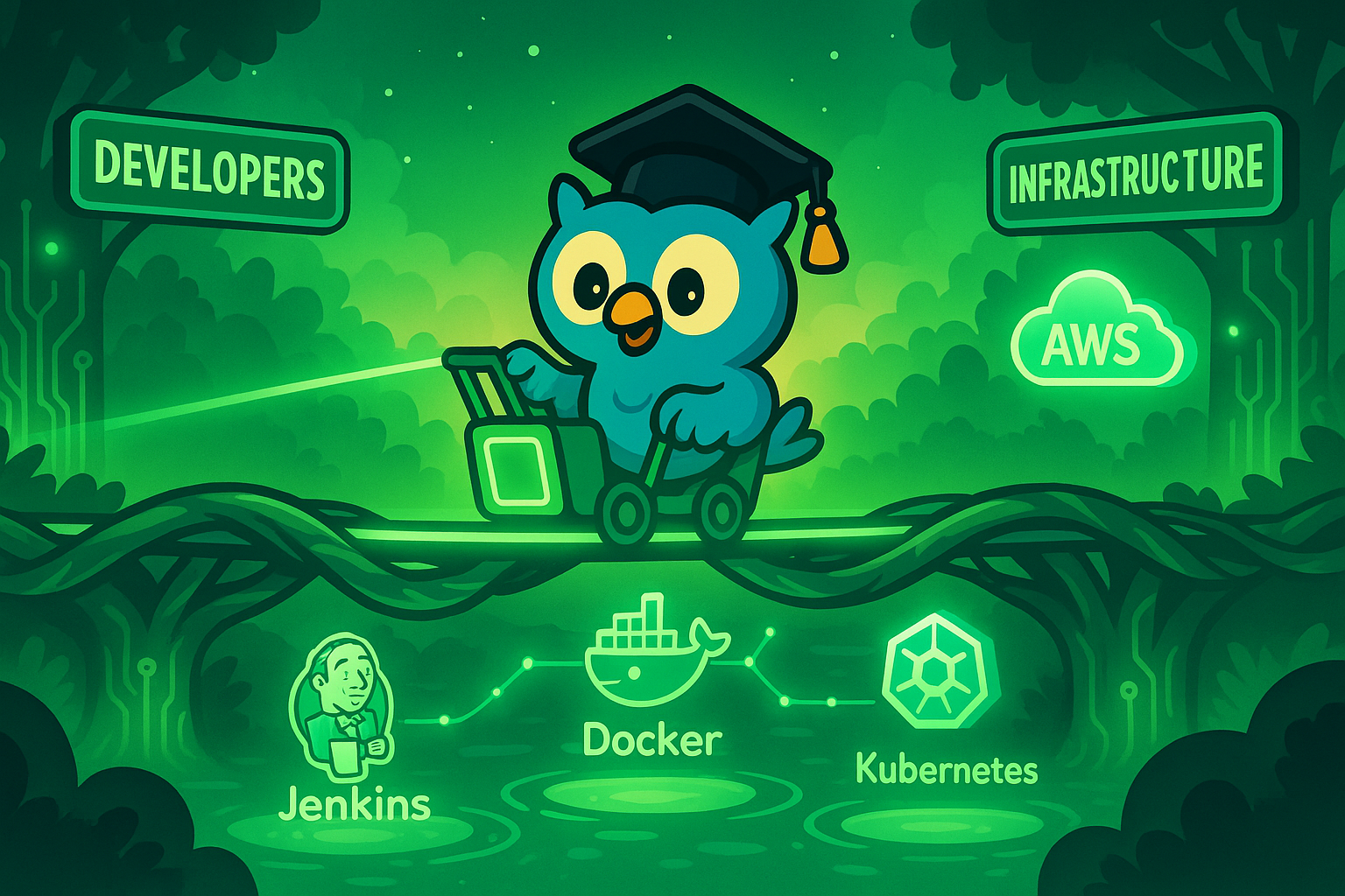 סטודנט לומד על Jenkins, Docker, Kubernetes – המחשה גרפית