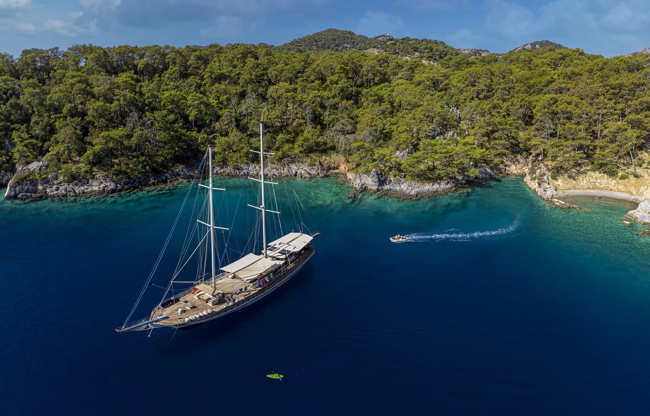 Gulet boat in a beautiful bay in Mediterrenian Sea near Göcek in Turkey.