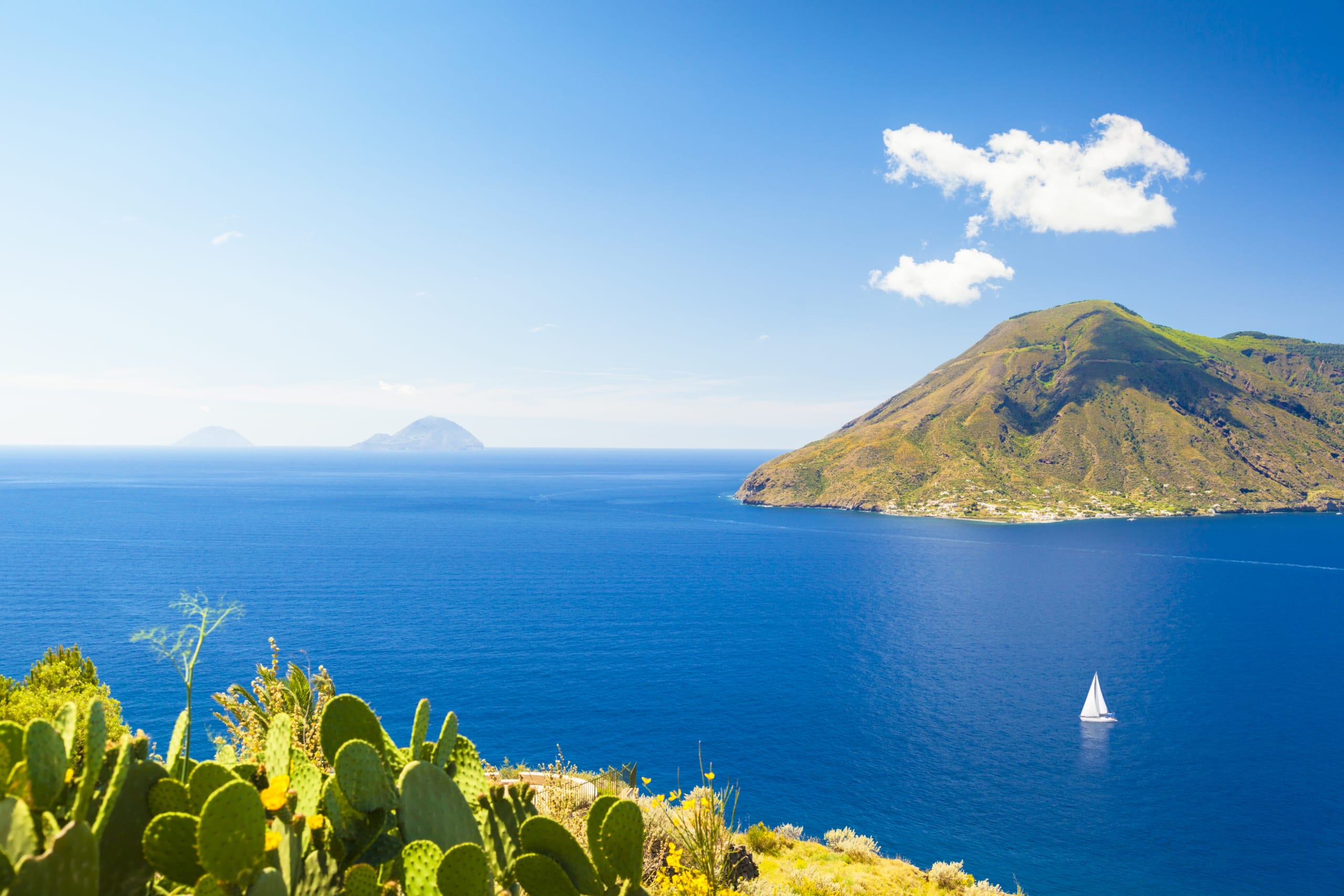 View from Lipari island on Salina, Filicudi and Alicudi islands.