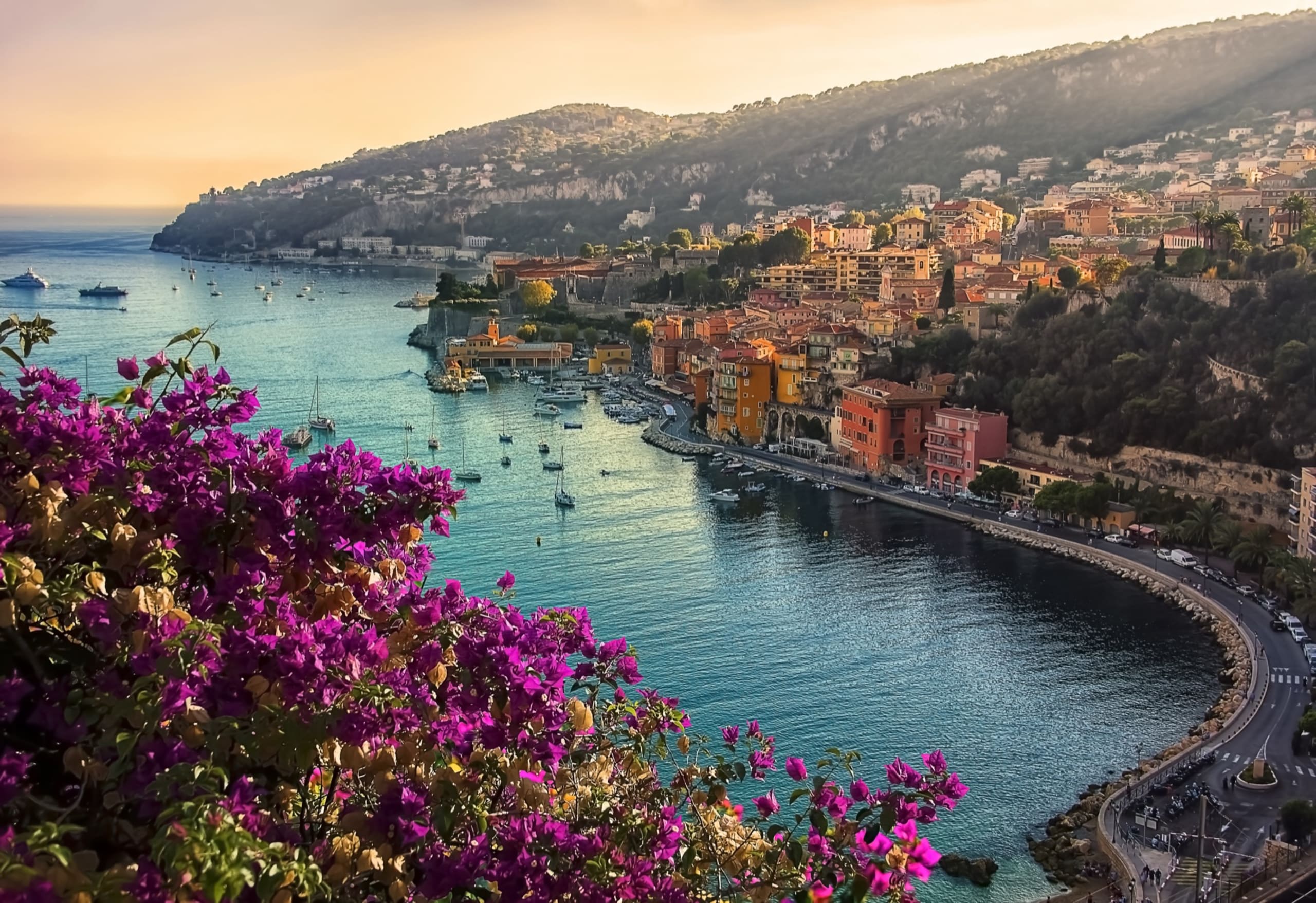 Coastline on the French Riviera with the small village : Villefranche Sur Mer