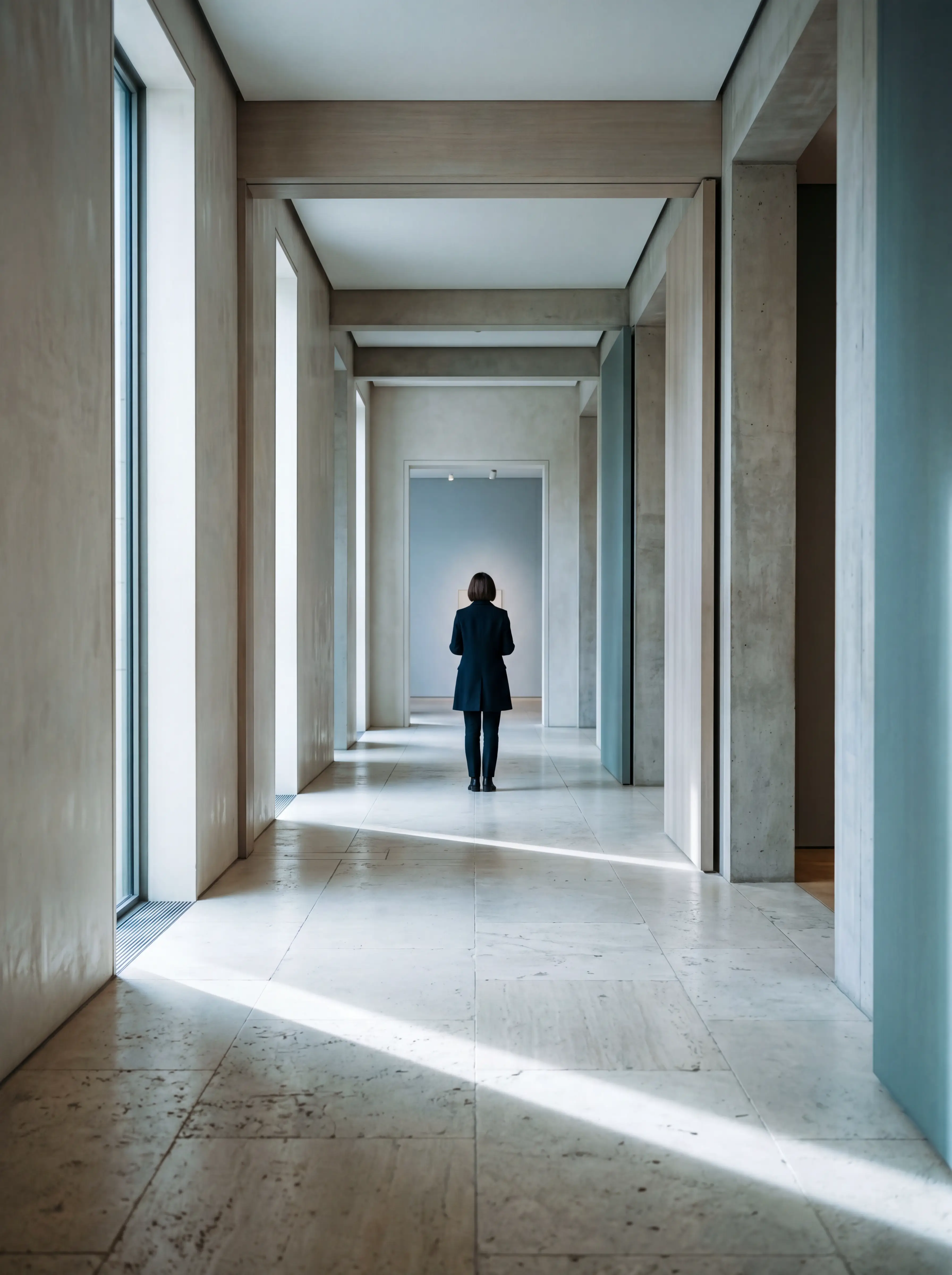 A long, sunlit stone gallery with a lone figure at the far threshold, NeoSpherium at the work of looking for what others have not yet seen.