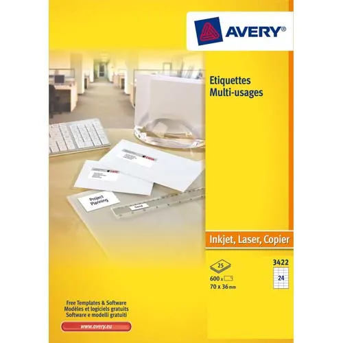 AVERY Boîte de 2400 étiquettes blanches multi usages 70x35mm - pour laser. jet d'encre et copieur photo du produit image1 L