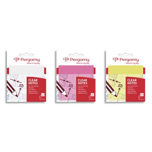 PERGAMY Bloc note repositionnable de 50 feuilles 7,6 x 7,6 cm corps transparent liseret blanc