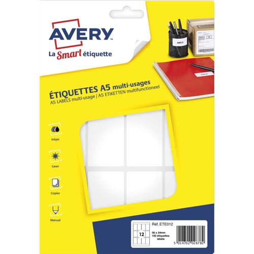 AVERY Sachet de 192 étiquettes multi-usage blanches 56 x 34 mm. Planche format A5. ETE012