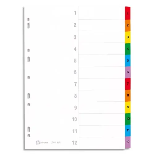 AVERY Répertoire numérique 12 touches . En carte blanche, onglets plastifiés de couleur. Format A4. photo du produit image1 L