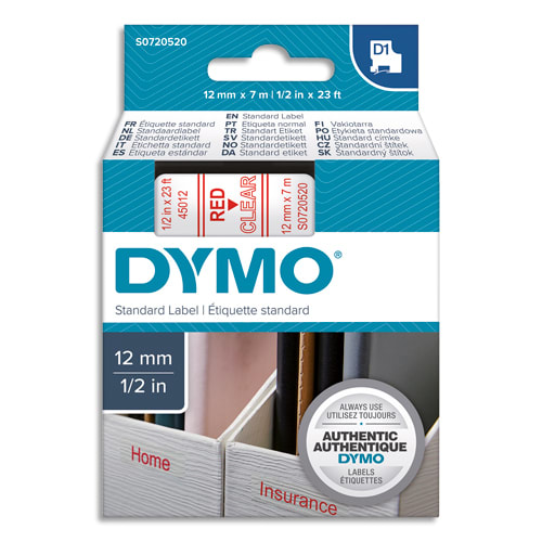 DYMO Ruban D1 rouge/transparent 12MMX7M pour 1000/1000+/2000/3500/4500/5000/5513