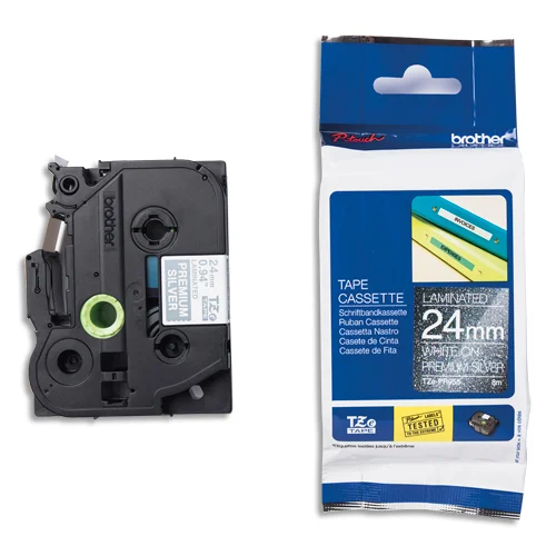 BROTHER Ruban Tze-PR955 Laminé, 24mmx8m Blanc sur fond Argent Premium TZe-PR955 photo du produit image1 L