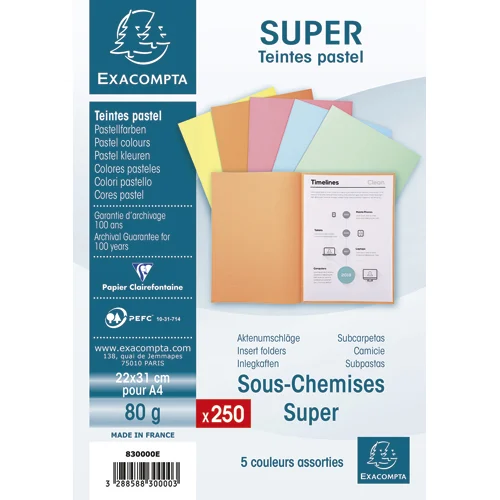 EXACOMPTA Paquet de 250 sous-chemises SUPER 80 en carte 80 grammes coloris assortis pastels photo du produit image1 L