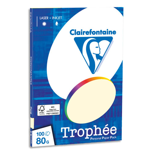 CLAIREFONTAINE Pochette de 100 feuilles papier couleur TROPHEE 80 grammes format A4. Coloris ivoire