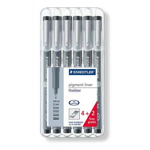 STAEDTLER Schildersezelkoffer 6 zwarte viltstiften gekalibreerd 0.05/0.1/0.2/0.3/0.5/0.8 - 4+2 gratis productfoto image1 L