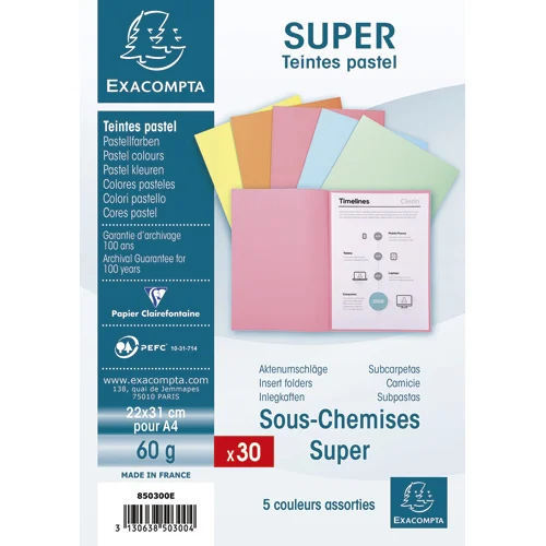 EXACOMPTA Paquet de 30 sous-chemises SUPER 60 en carte 60 grammes coloris assortis pastels photo du produit image1 L