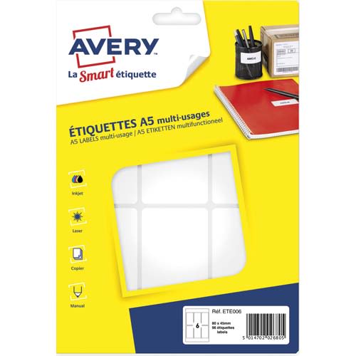 AVERY Sachet de 96 étiquettes multi-usage blanches 80 x 45 mm. Planche format A5. ETE006