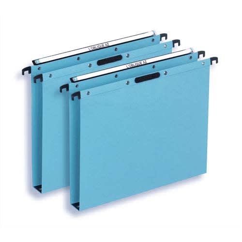 OBLIQUE AZ Boîte de 25 dossiers suspendus TIROIR en kraft 240g. Fond 30, bouton-pression. Bleu
