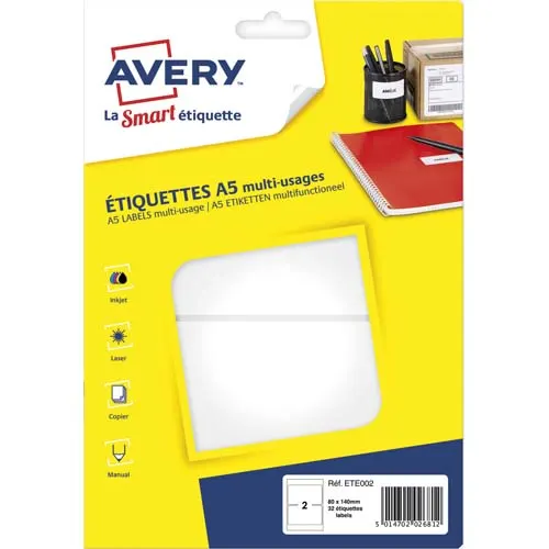 AVERY Sachet de 32 étiquettes multi-usage blanches 80 x 140 mm. Planche format A5. ETE002 photo du produit image1 L