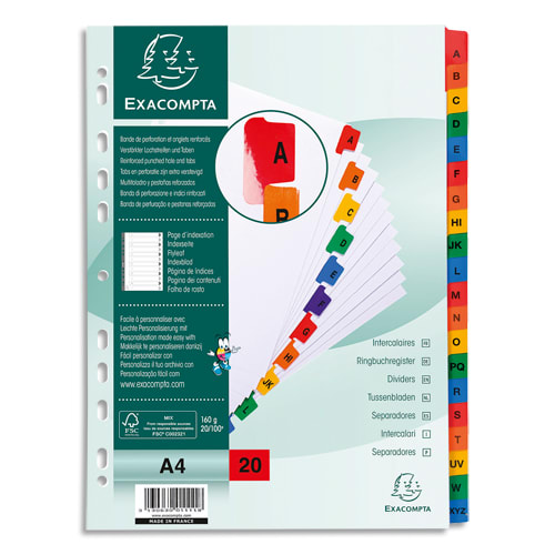 EXACOMPTA Jeu d'intercalaire alphabétique 20 positions en carte blanche 170g, onglets Mylar®. Format A4.