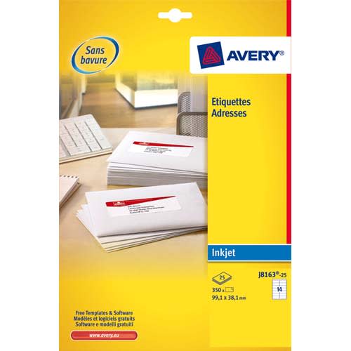 AVERY Boîte de 350 étiquettes adresses jet d'encre 99,1x38,1mm blanches J8163-25