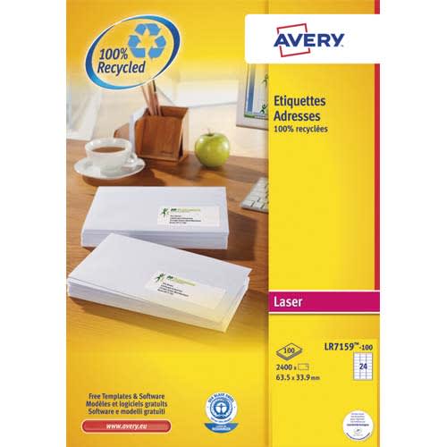 AVERY Doos met 2400 witte gerecyclede laseradreslabels 63,5 x 33,9 mm LR7159-100 productfoto image1 L