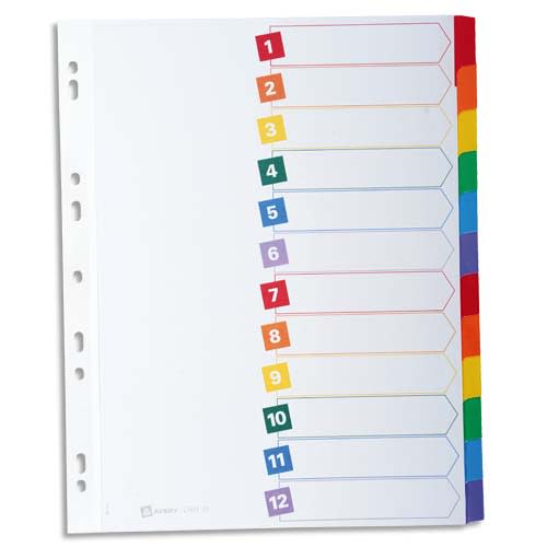 AVERY Intercalaires 12 touches . En carte blanche, onglets plastifiés de couleur. Format A4