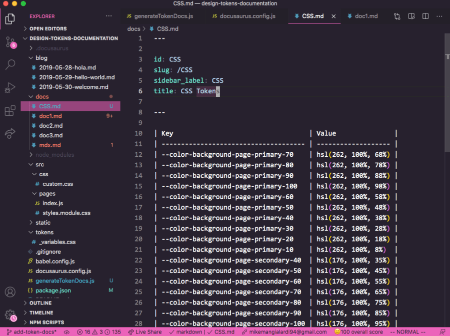 documenting design tokens with docusaurus
