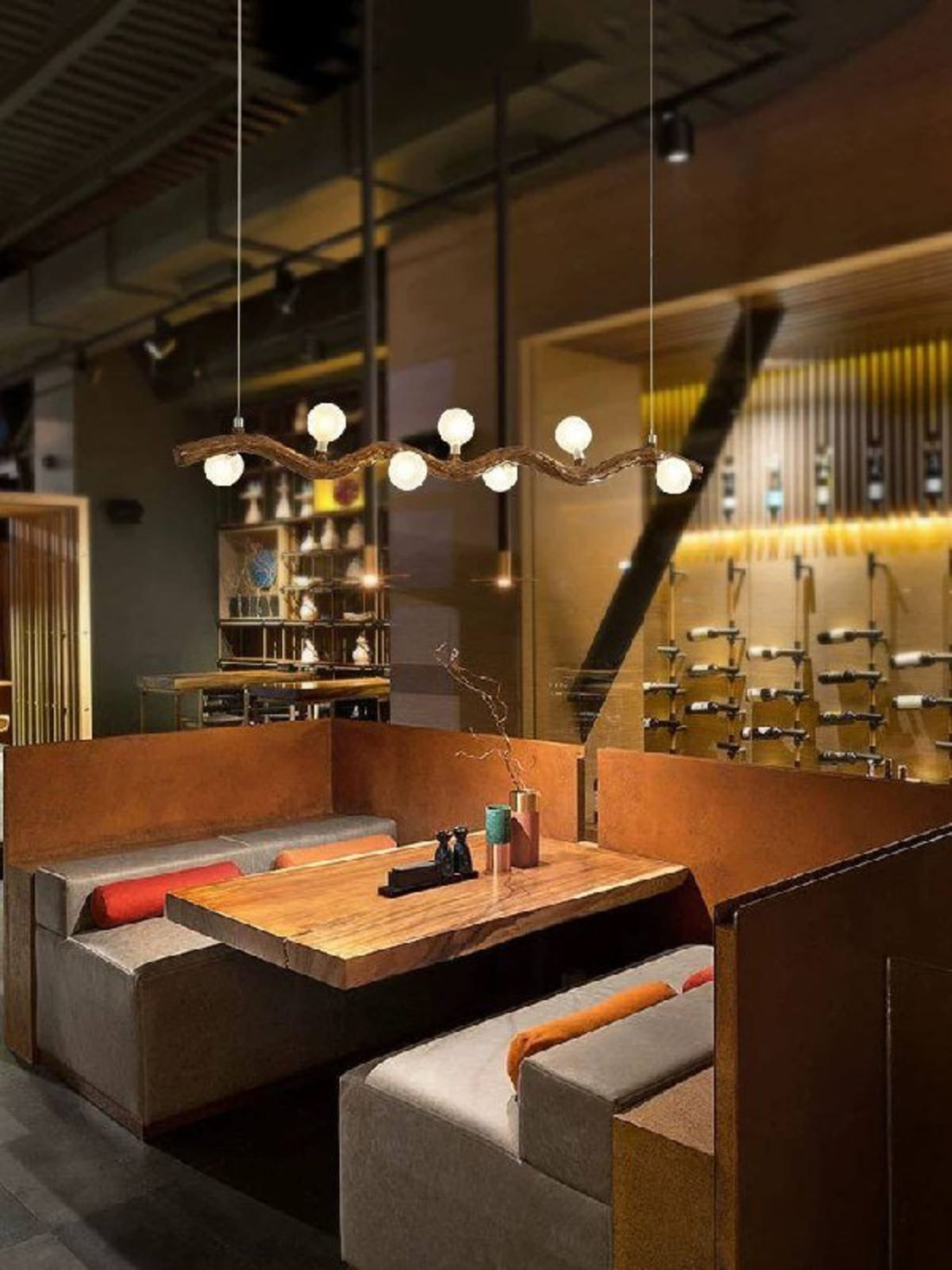 Подвесной светильник 9 ламп, дерево и стекло, 100 см