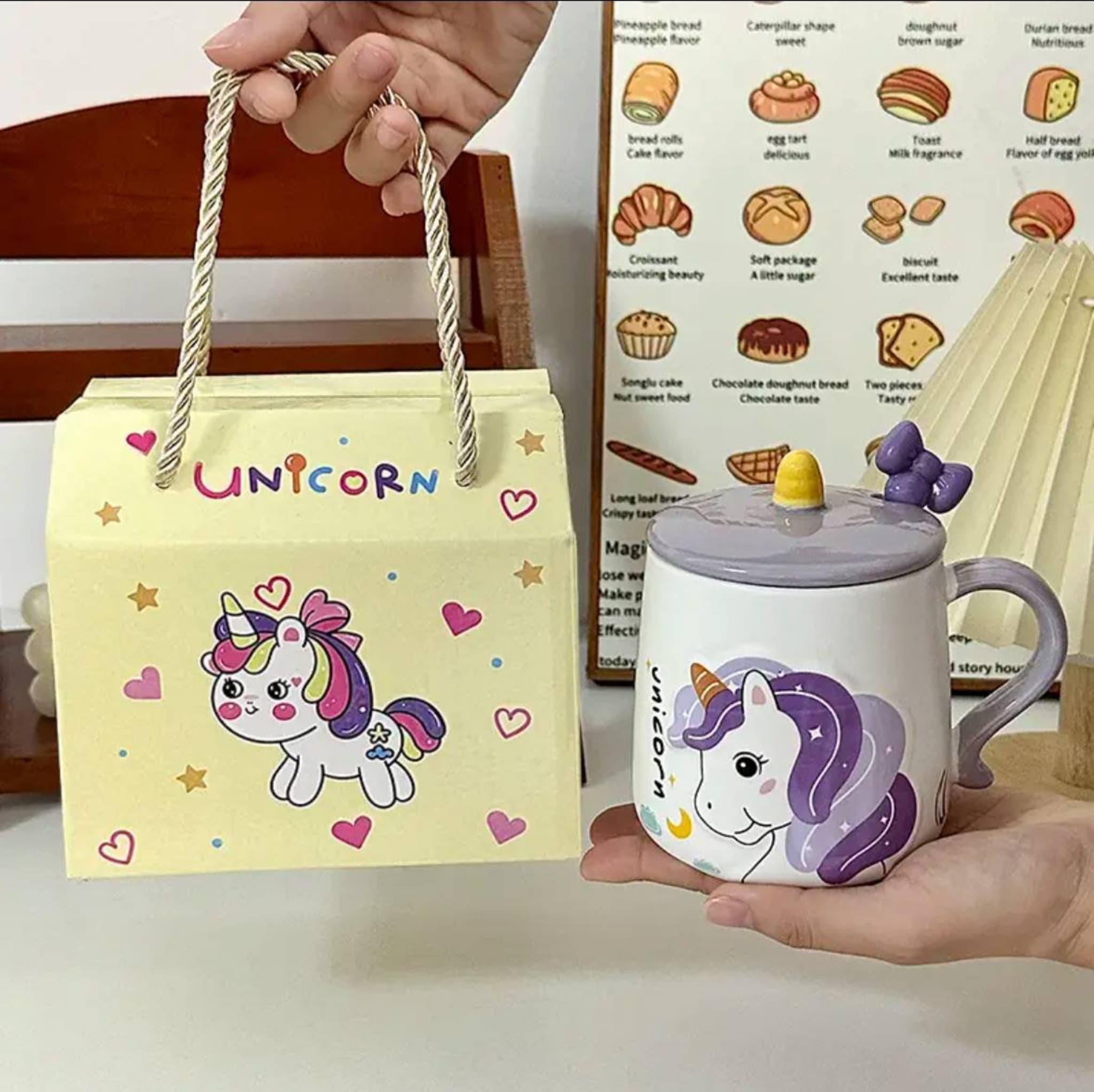 Керамическая кружка с единорогом и ложкой в подарочной упаковке