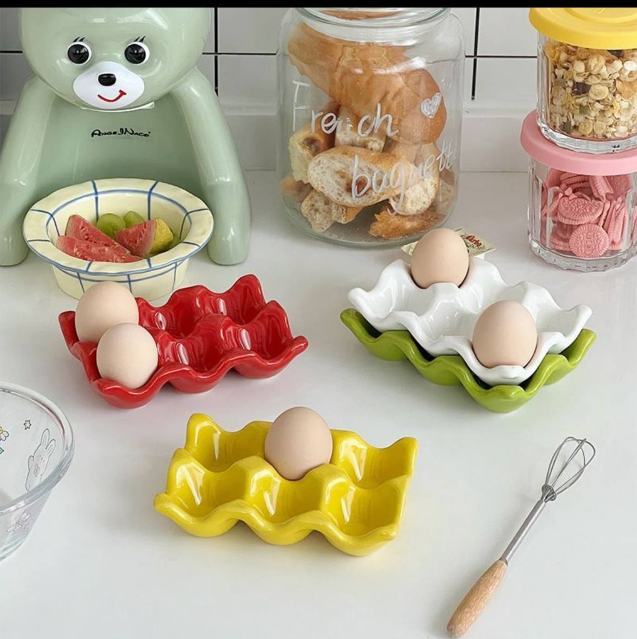 Керамический держатель для яиц 6 ячеек, красный, зеленый, желтый, белый