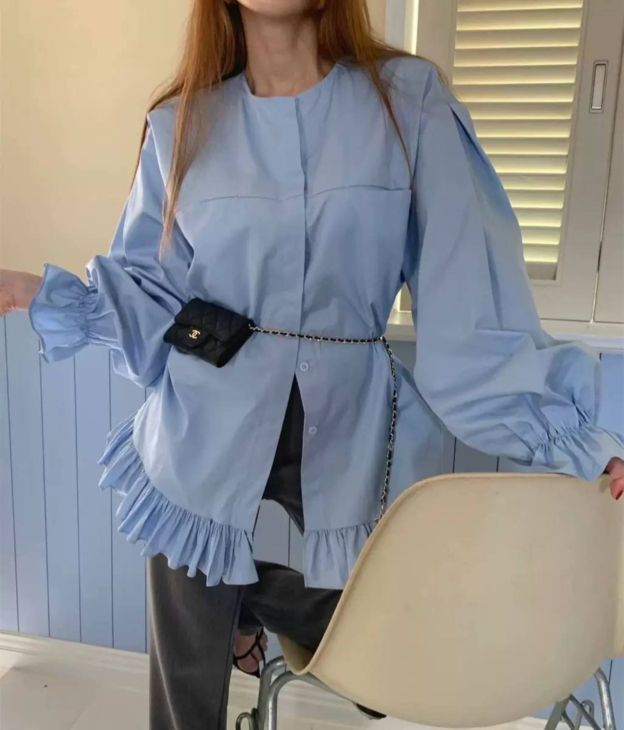 Женская удлиненная рубашка из хлопка с рюшами