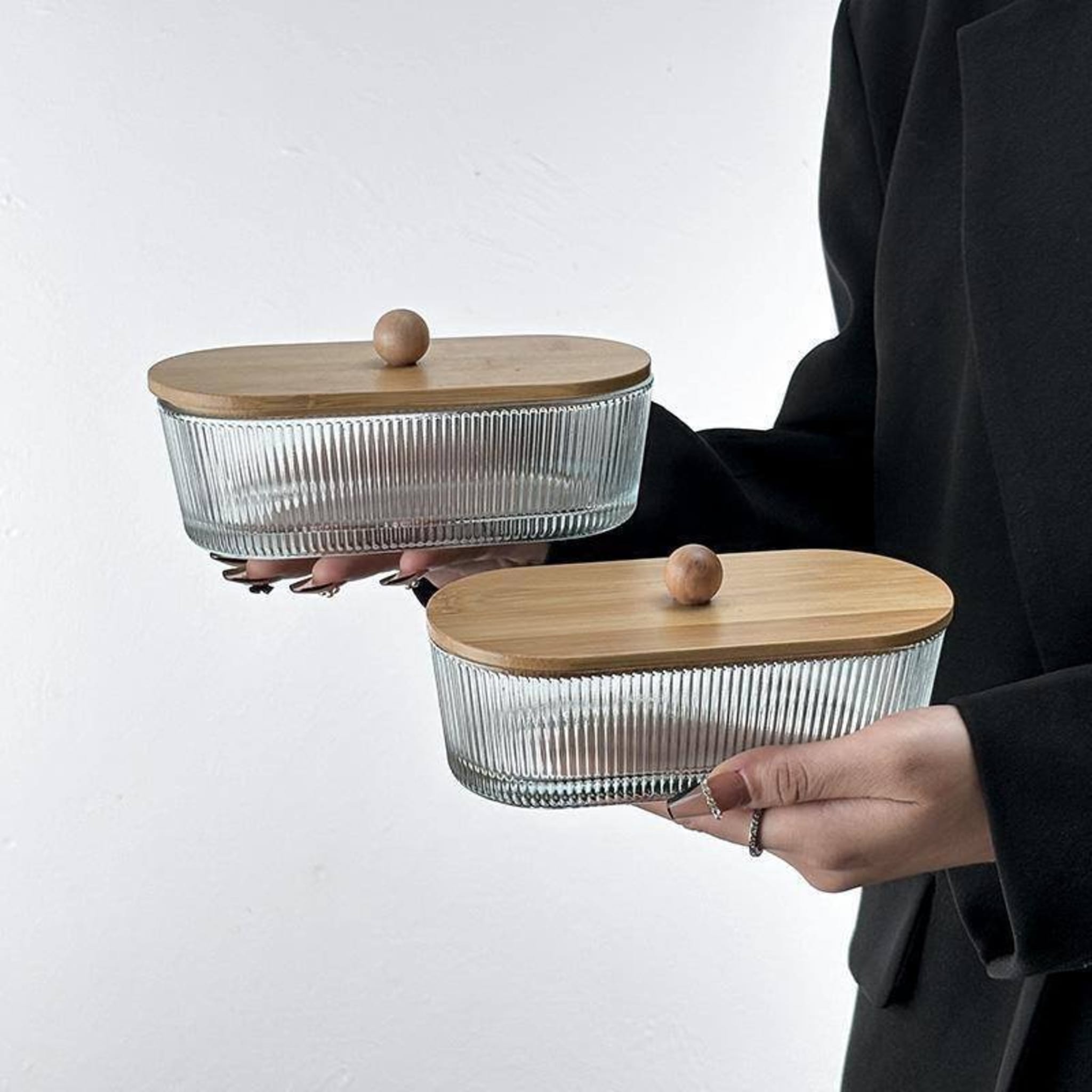 Эллипсная стеклянная миска с бамбуковой крышкой, 380 мл