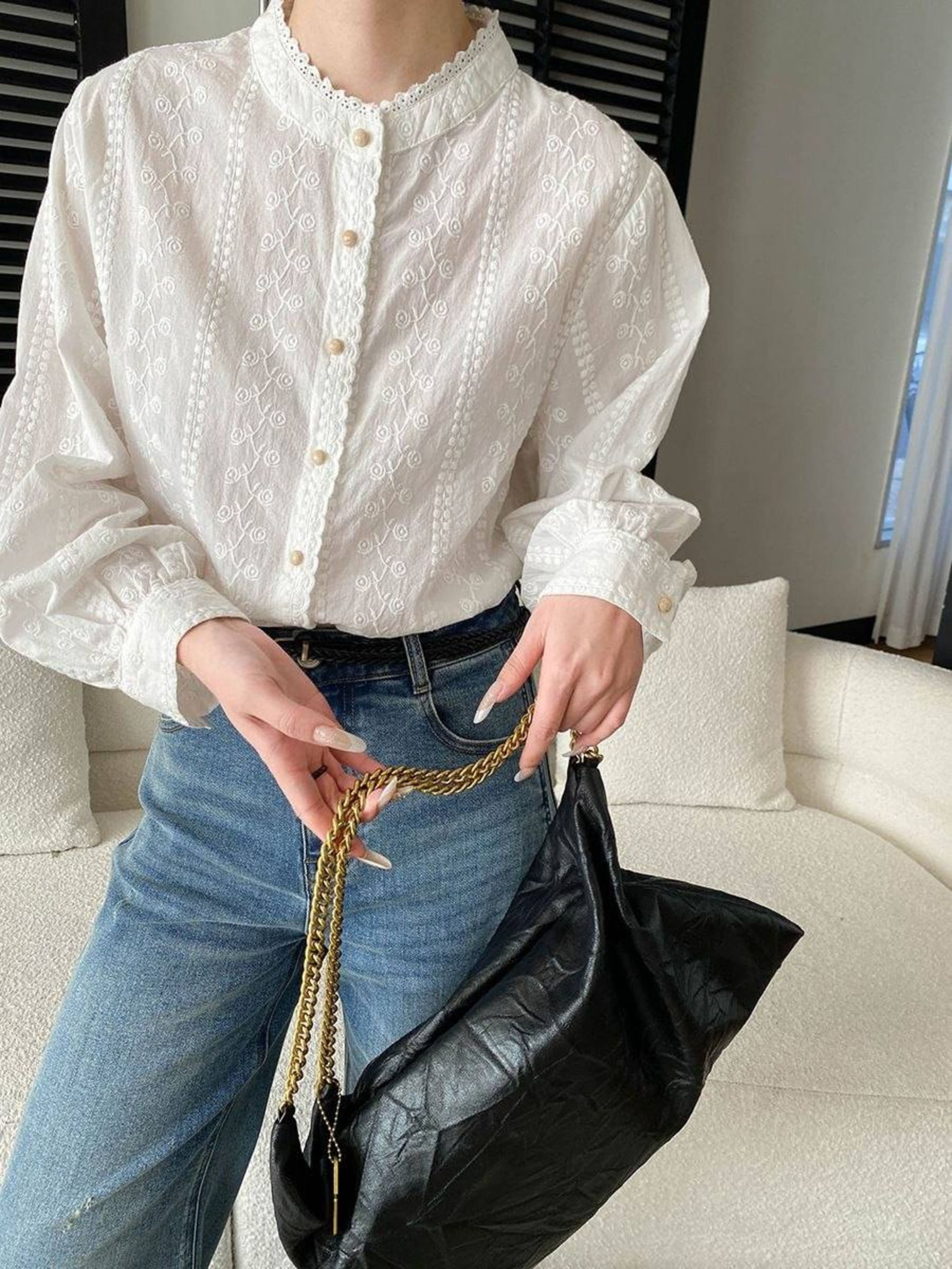 Женская белая блузка с кружевом и вышивкой, хлопок