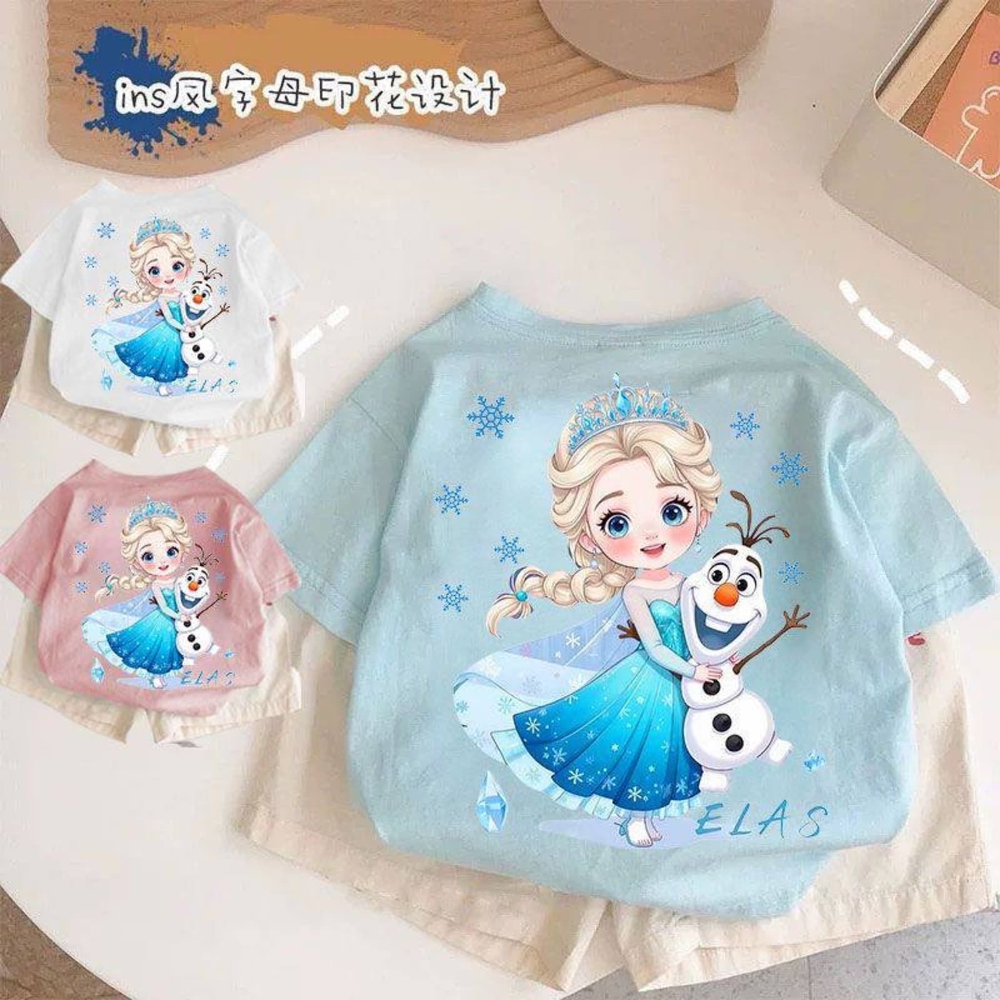 Детская футболка с принтом Эльзы и Олафа, 100% хлопок