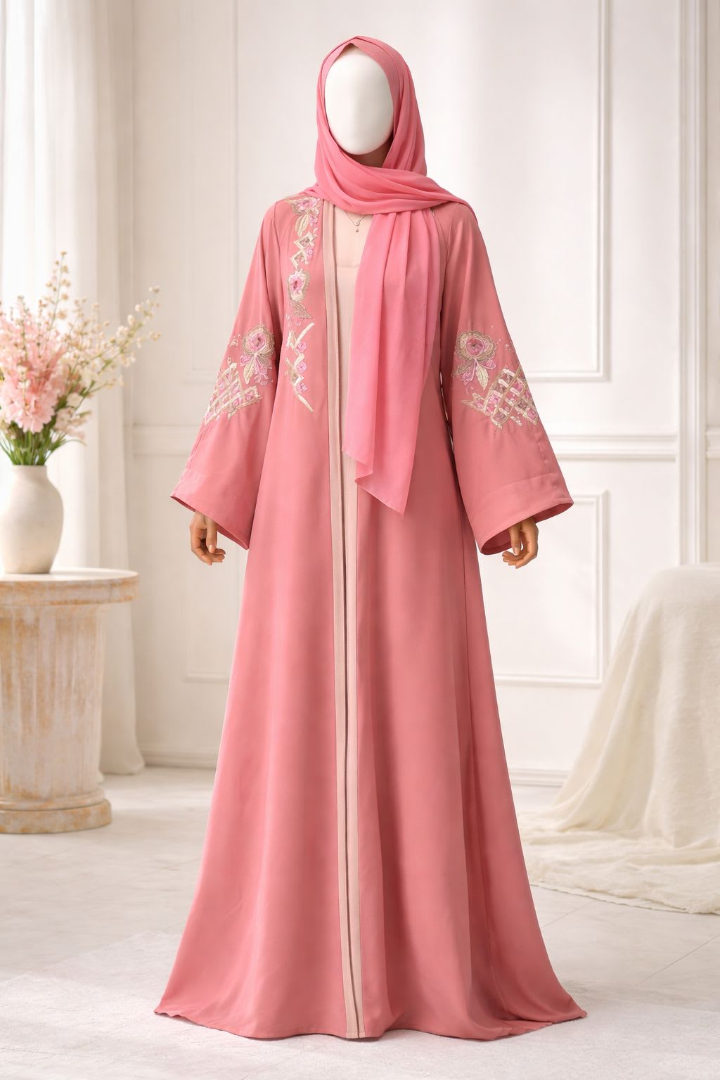 🌸 Rose Royale Embroidered Dubai Abaya – Eid Collection
