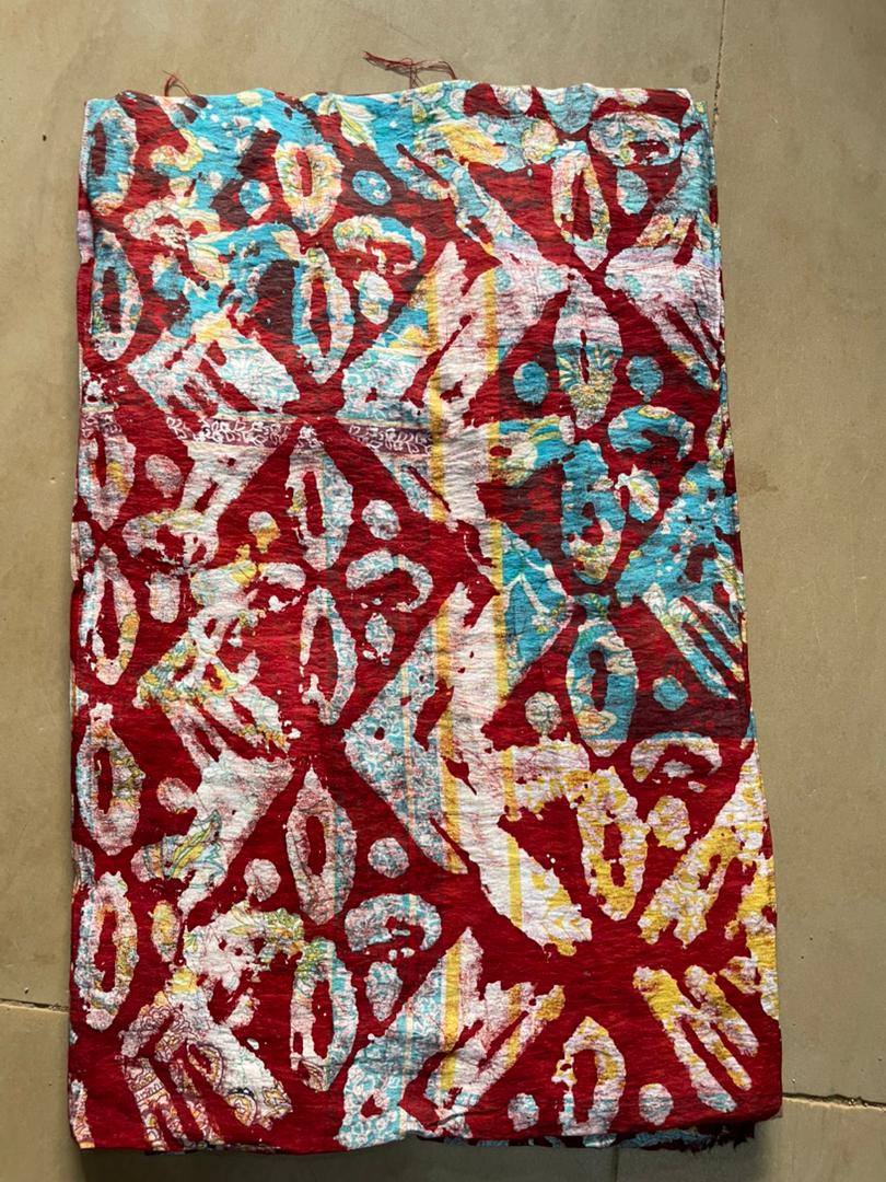 Premium Hand-Dyed Adire crepe – Crimson & Azure Geometric Fusion
