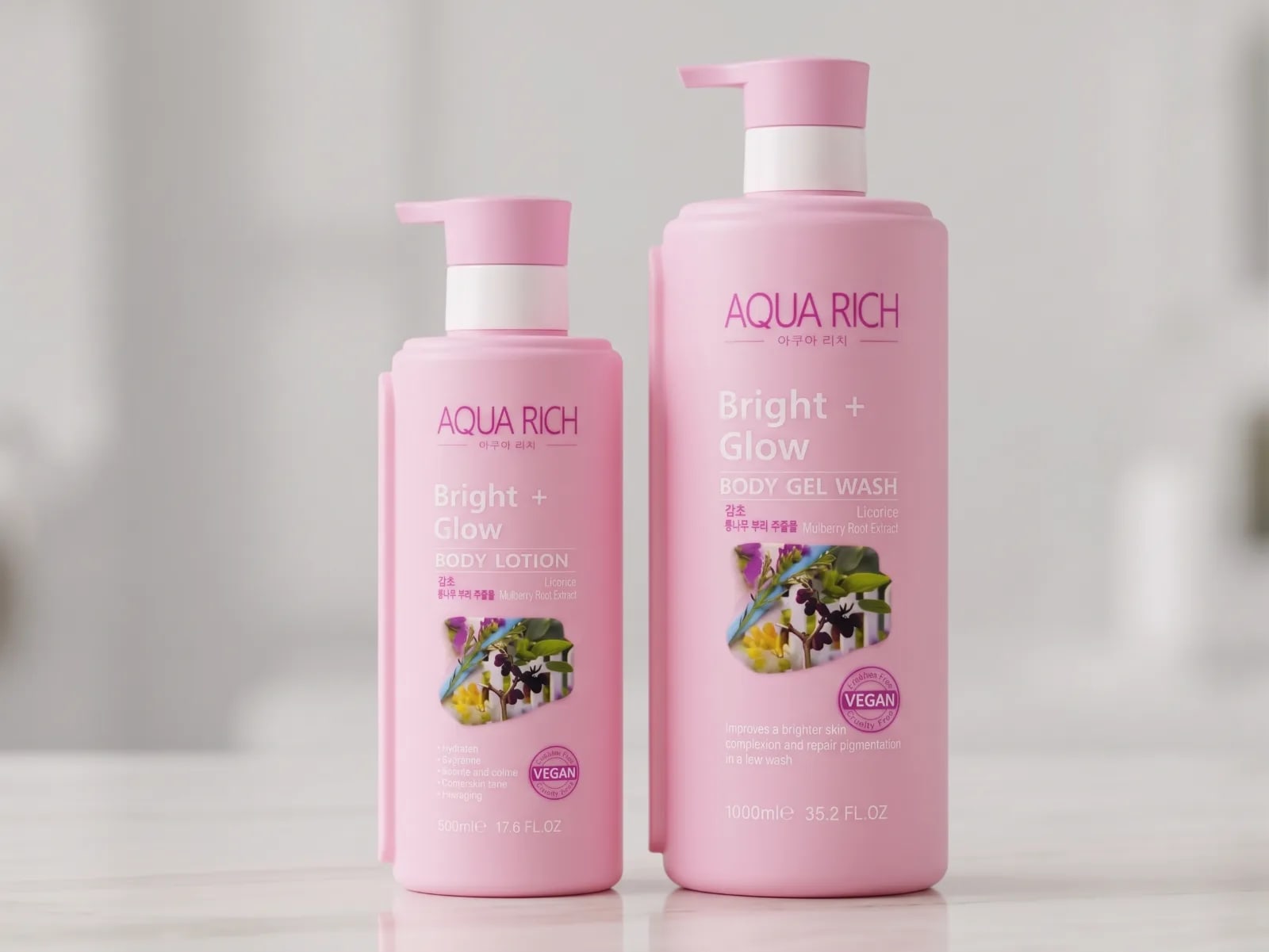 AQUA RICH Bright + Glow Body Care Duo – Body Gel Wash (1000ml) & Body Lotion (500ml) with Licorice & Mulberry Root