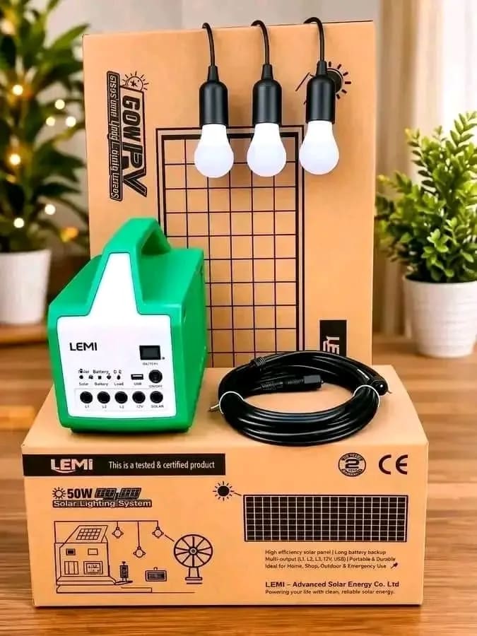 LEMI 50W Solar Home Lighting System β Portable Power Kit with Solar Panel, 3 LED Bulbs & USB Charging