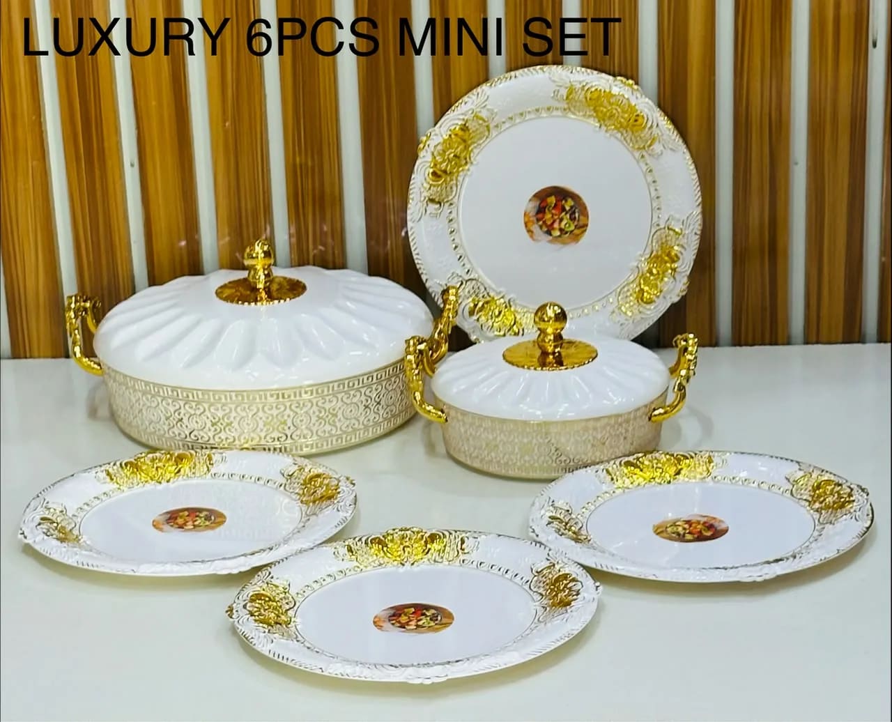 6 PCS Luxury Food Warmer & Plate Set β White & Gold Mini Buffet Set