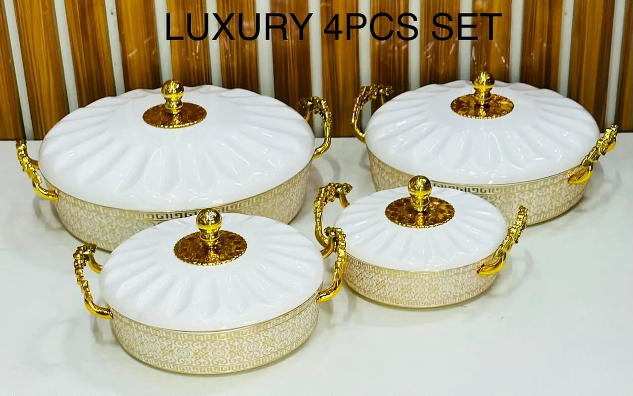 4 PCS Luxury Food Warmer Set β White & Gold Insulated Casseroles