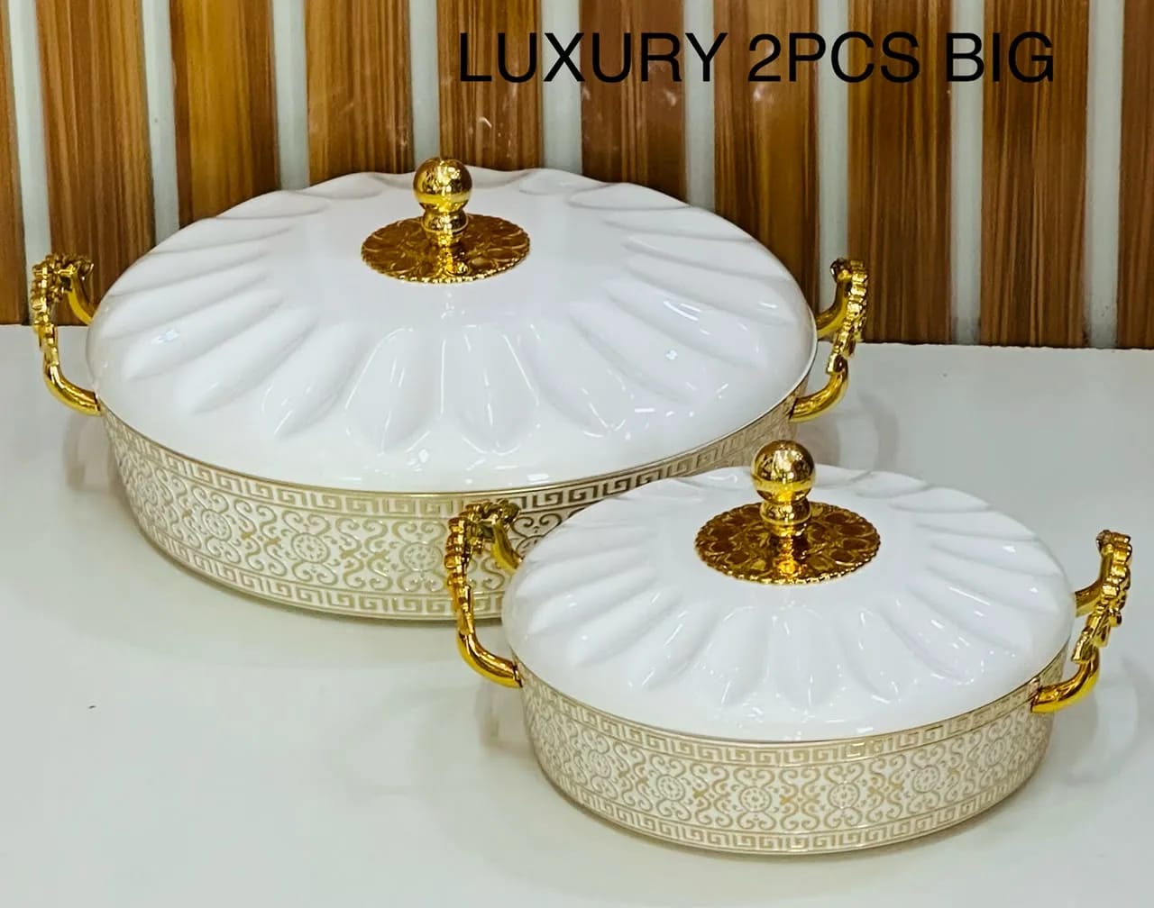 Luxury 2-Piece Jumbo Food Warmer Set β White & Gold Large Casseroles