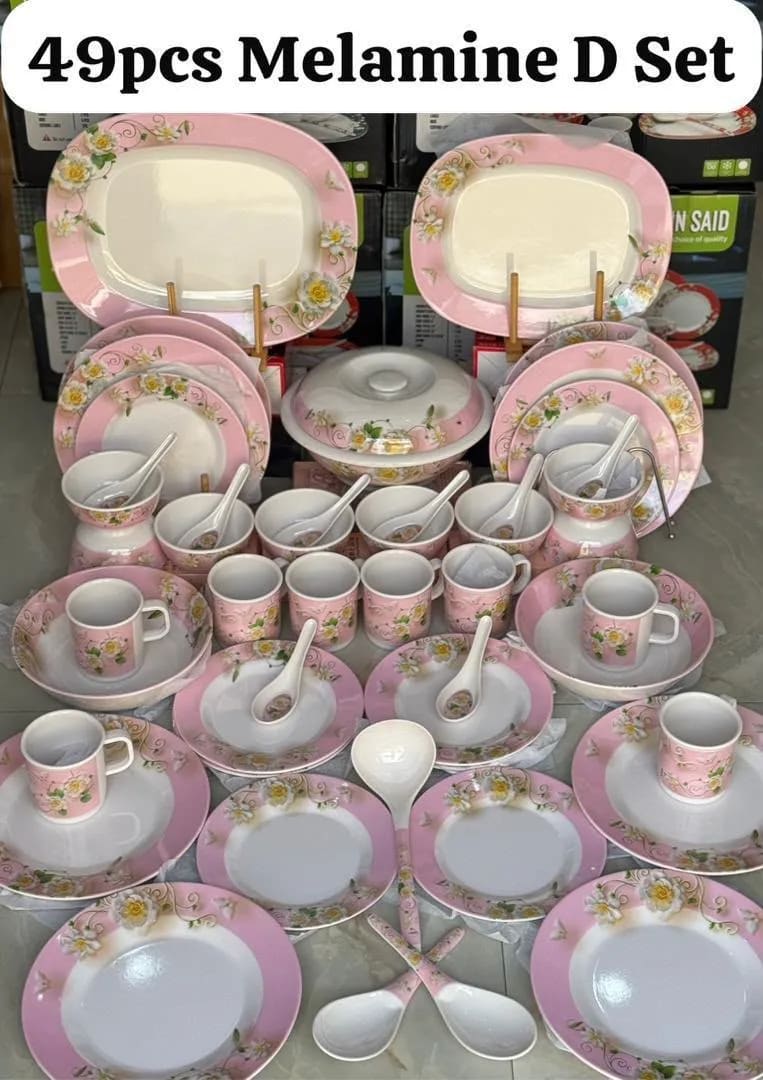 Luxury 49-Piece Floral Melamine Dinnerware Set – Pink & White Dinner Set