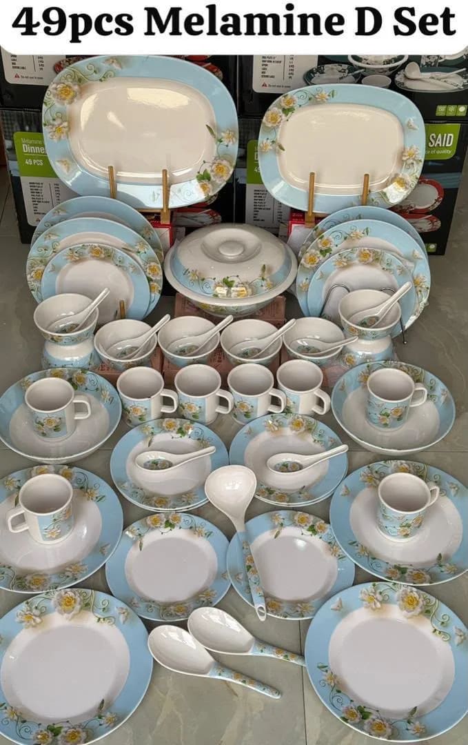 Luxury 49-Piece Floral Melamine Dinnerware Set – blue & White Dinner Set