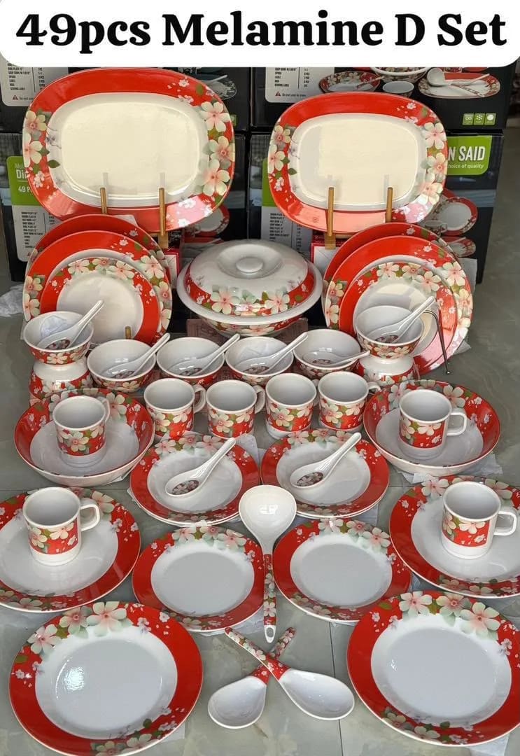 Luxury 49-Piece Floral Melamine Dinnerware Set β red & White Dinner Set