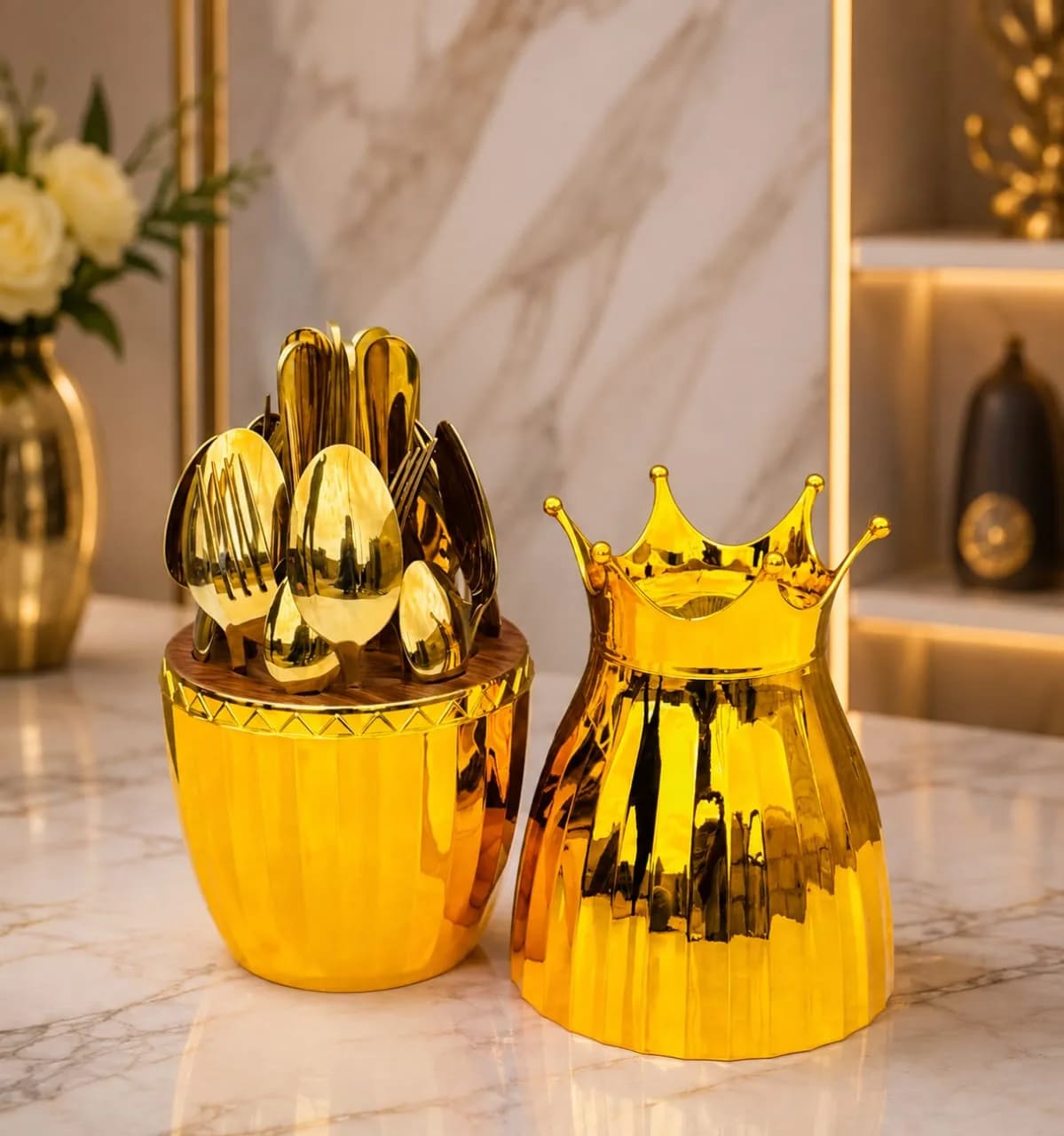 Gold Cutlery Set with Crown Egg Storage Case β Stainless Steel Flatware