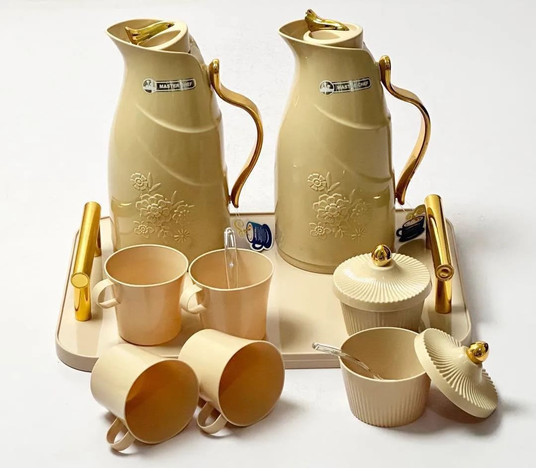 Master Chef Luxury Vacuum Flask & Tea Serving Set with Serving Tray – Cream & Gold